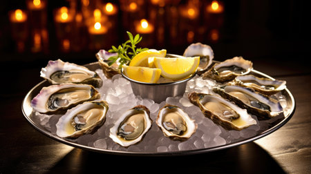 Gourmet seafood platter featuring a dozen freshly shucked oysters on the half shell. Adorned with ice, lemon wedges. Romantic ambiance. Food blogging, cookbook, magazine,の素材