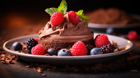 Plated vegan dessert featuring a rich, chocolate avocado mousse topped with fresh berries. Chocolate cake, biscuit dough. Soft, diffused lighting. Healthy food, Food blogging, cookbook, magazineの素材