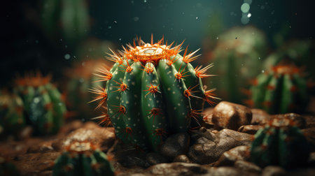 Green spotted cactus with red spines grows on rocks. Cactus close up. Echinocactus or Hedgehog cactus, a spherical succulent from the Cactaceae family, common in the deserts of Mexico.の素材
