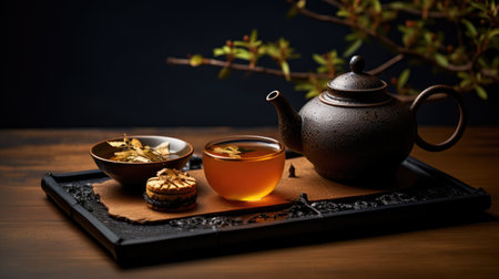 Traditional Japanese tea set. The soft, diffused light. Teapot, cup of tea, saucer, cake cookies. Japanese tea ceremony. Japanese culture and traditions.の素材