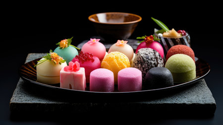 Japanese wagashi traditional sweets on a lacquered tray. The colorful confections. A healthy dessert made from natural ingredients. Sweets made from rice and legumes for the Japanese tea ceremonyの素材