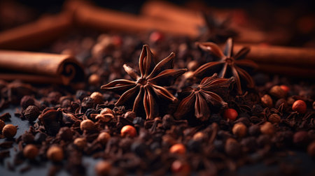 Brown spices, star anise, cinnamon, sweet pea. Aromatic seasonings for tea, coffee, hot chocolate, cocoa, mulled wine. Dark background. Organic spices. Tea house, cafe restaurant spice shopの素材