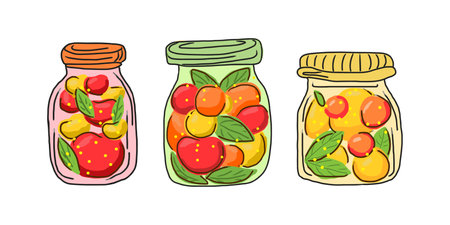 Fruit juice, compote, canned fruit in a jar. Vector isolated. Set of 3 colored glass jars with berry drink, whole fruits and mint leaves. Apple, peach, apricot drinks. Home canning. Organic eco jamのイラスト素材