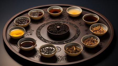 Variety of Pu-erh tea types, from raw (sheng) to ripe (shou). Different types of teas. Japanese traditions. Tea ceremony. Cups with tea drink and dried tea leaves on a tray. Advertising, banner, cafeの素材