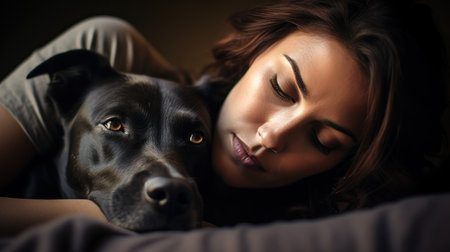 Dog therapy. Young brunette woman lies in embrace with black Labrador Retriever dog. Close-up. Dog is a friend, helps the girl overcome stress. Friendship with animal. Devotion and loyalty.の素材