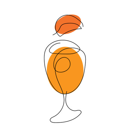 Continuous one line drawing of glass with orange drink and slice of orange. Alcohol, cocktail, wine, fruit juice. Vector isolated on white. Print, restaurant, menu, bar, cafe, brochure, poster, foodのイラスト素材