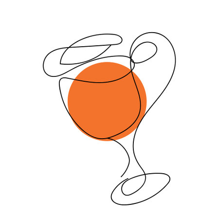 Continuous one line drawing of glass with orange drink. Alcohol, tropical cocktail, wine, fruit juice. Vector isolated on white. Print, restaurant, menu, bar, cafe, brochure, poster food blogのイラスト素材