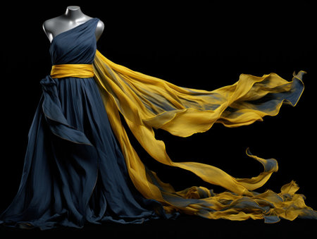 Mannequin in blue yellow long elegant dress. Evening gown made of light flowing fabric with belt and long train. Chiffon. Fashionable clothing design. Party dress shop. Fashion magazine, brochureの素材