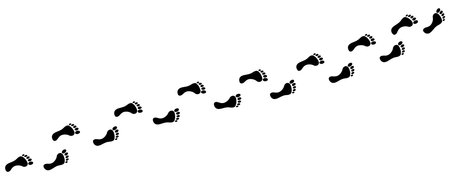 Human footprint. Path of human bare feet. Road of steps. Person walks barefoot. Step by step. Silhouette. Vector isolated on white. For print, textile, postcard, design, games, brochure, advertisingのイラスト素材