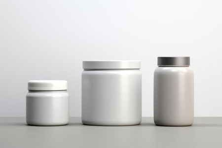 Clean mockups for cosmetic products. Three clean cans for cream, shampoo, conditioner, mask, gel. Mockups for hair, body care products. Clean cans isolated on white background. Mockups for design.の素材
