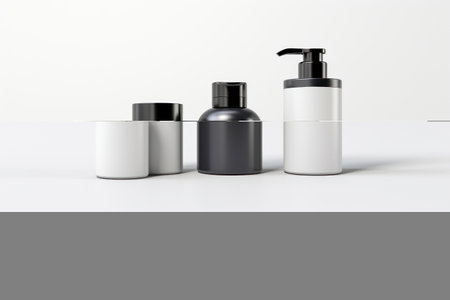 Clean mockups for cosmetic products. Four clean cans for cream, shampoo, conditioner, mask, gel. Mockups for hair, body care products. Clean cans isolated on white background. For design, advertisingの素材