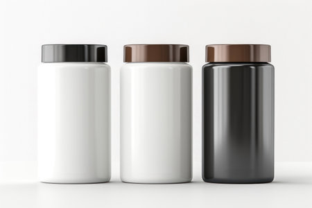 Clean mockups for cosmetic products. Three clean plastic cans for shampoo, conditioner and hair mask. Mockups for hair care products. Clean cans isolated on white background. Mockups for design.の素材