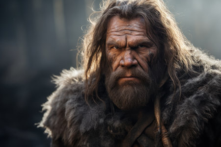 Neanderthal. A shaggy, menacing man with long disheveled hair, a beard and mustache in prehistoric clothing - the skin of an animal decorated with fangs. Close up Homo sapiens. Human ancestor. Cavemanの素材