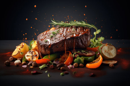 Steak with vegetables. Delicious grilled juicy piece of meat with dripping sauce with grilled vegetables and herbs. On a dark background. Beef, pork, veal. Close up Restaurant, menu, food blogの素材