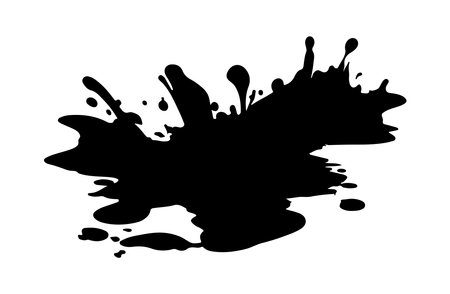 Black silhouette of puddle of water or mud with splashes and drops. Vector isolated on white. Paint, ink, dirt or blood splashes. Stain of splashes, drops of liquid. Dirt blot or blob. Design elementのイラスト素材