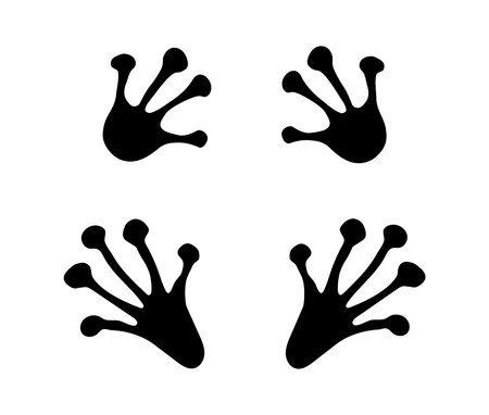 Frog or toad paw footprint. Silhouette. Front and hind frog legs. Black vector isolated on white. Paw print of amphibian, frog, toad, lizard, salamander, newt. Icon, symbol. Print, textile postcardのイラスト素材
