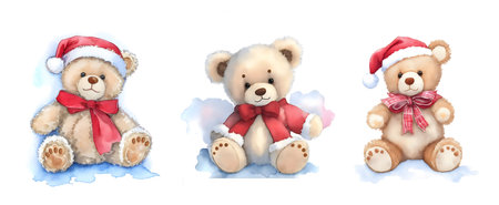 Christmas bears. Three cute New Years Watercolor plush bears in Christmas decorations. Isolated on white background. Cartoon. Clip Art. Postcards, print, textiles, invitations, scrapbooking, giftの素材