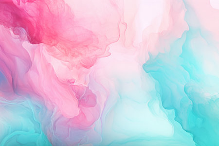 Abstract background of liquid watercolor paint, colors smoothly mixing and flowing into each other, in delicate pastel pink red turquoise blue colors. Color mixture in the water. Copy Space. Designの素材