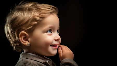 Blond little child with hearing impairment. Close up portrait. The boy receives his first hearing aid. Joy and surprise in eyes when he hears the sound for the first time Deaf, hearing problemの素材