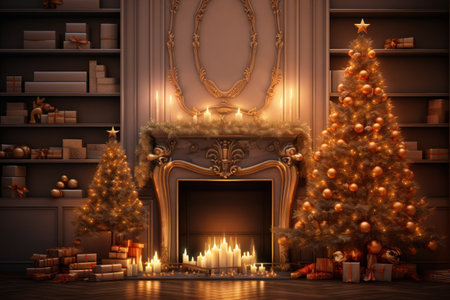 Christmas festive interior. New Year's Eve. Two decorated Christmas trees, burning candles, gifts, fireplace. With copy space. New Year holiday background. Postcard, banner, design. Merry Christmasの素材