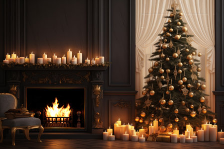 Christmas festive interior. With copy space. New Years Eve. Decorated Christmas tree, burning candles, fireplace with burning fire. New Year holiday background. Postcard, banner, design. New Years Eveの素材