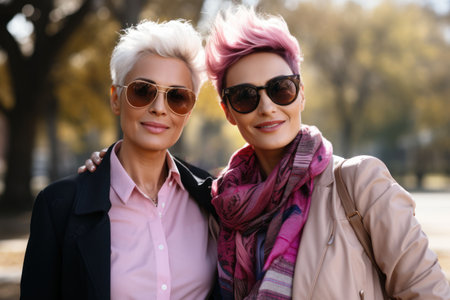 Two LGBTQ mature beautiful women in the park. White women wearing sunglasses with short blonde haircuts and pink hair are standing next to each other. Close up. Hugging. Couple in love. Homosexual.の素材