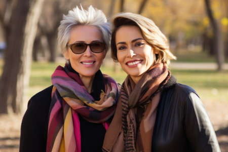 LGBTQ mature beautiful women in park. Two adult white women with short blond hair are standing next to each other. Portrait. Couple in love. Lesbians. Pink. Girlfriends together. Friendship conceptの素材