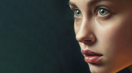 face of young beautiful woman close up, green expressive eyes, delicate slightly parted pink lips. On a clean emerald background with copy space. For banner, poster, placard, postcardの素材