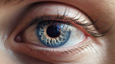 Human eye close up. Macro. Blue iris, long black eyelashes. Clear view. Good vision. For advertising optics, ophthalmology, vision correction. Booklet, poster placard Medicineの素材