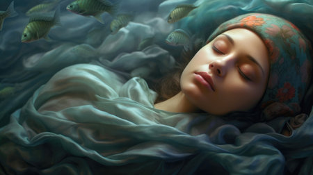 sleeping beautiful woman lies with her eyes closed, immersed in deep sleep. Covered with delicate silk blanket flowing into sea waves. fish swimming around. Sound sleep, pleasant dreams. Copy Spaceの素材