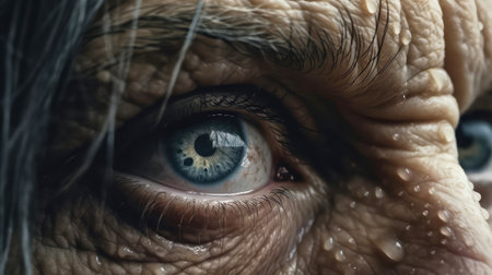 Close-up of an old elderly woman's eyes. Gray hair, wrinkles, clear, clean blue eyes. Strength, will, determination in the look. Willpower and love for life of old people.の素材