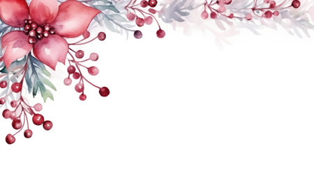 Watercolor delicate Christmas floral frame on white background with copy space for design. Red colors. Wallpaper, background for postcards, invitations, posters, banners, presentations. Holidayの素材