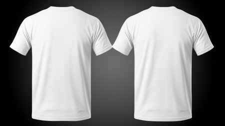 Man's White t-shirts front and back. Mockup for design. Copy space. Isolated on black background. Layout, template. Clothing store, magazine, booklet, poster, brochure, advertisement. Close up.の素材