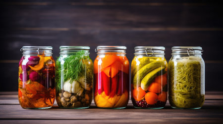 Preserving harvest. 5 jars of pickled vegetables cucumbers, tomatoes, herbs, spices, zucchini, peppers, garlic and other canned vegetables. For food blog, cookbook, magazine. Copy spaceの素材
