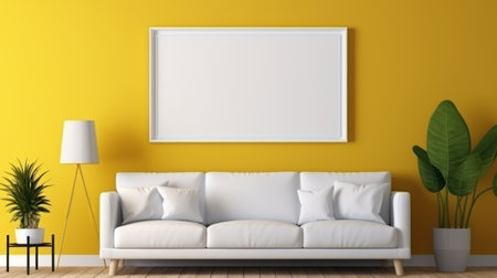 Mockup. Empty white picture frame in an elegant and minimalist yellow living room interior. Modern minimalist design, white sofa with cushions, yellow wall, green plants. With copy spaceの素材