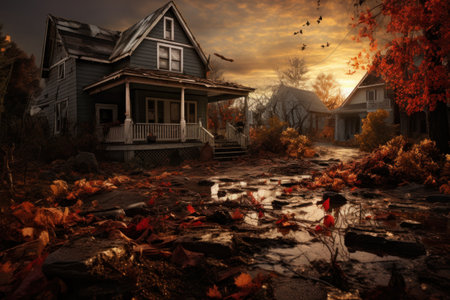 House at sunset in autumn. Multicolored leaves carpet the ground, and rain leaves puddles. Create an autumn mood with this atmospheric scene. Ideal for brochures, posters, and more.の素材