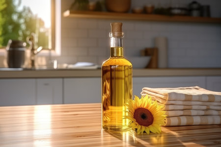 clear glass bottle with golden sunflower or olive oil on table with sunflower and stack of clean towels against backdrop of blurred kitchen. Mockup. Healthy unrefined cold pressed oil. With copy spaceの素材