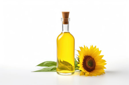 Sunflower oil. A glass bottle of yellow oil with a wooden cork. Sunflower flowers nearby. Isolated on a white background. With copy space. Organic eco-farm productの素材