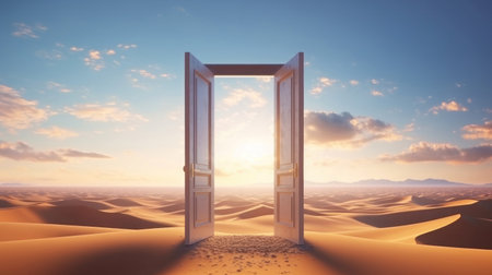 Wooden door standing open in the desert. Yellow desert, dunes, blue sky and clouds. Door to other worlds. Psychological concept, opening doors within yourself. Look inside yourself. Open your soulの素材