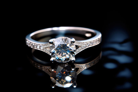 Sparkling diamond engagement ring with reflection on a black background with bokeh. Symbolizes love and devotion. Jewelry decoration. Cut diamond. Close up. Elegant wedding ring. isolated on blackの素材