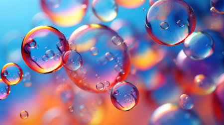 Colorful soap bubbles floating on vibrant background, resembling water droplets or oil bubbles suspended underwater. Creates captivating abstract backdrop for wallpaper, presentation, banner, posterの素材