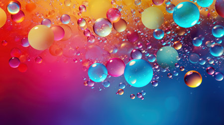 Floating vibrant soap bubbles on colored backdrop, water droplets or oil bubbles suspended underwater. abstract scene ideal for backgrounds, wallpapers, presentations, banners, and posters. Copy spaceの素材