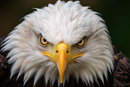 Eagle with a keen gaze. Wild bird. On green background with copy space. Close up of bald eagle intense gaze, showcasing its sharp, beady eyes and distinctive plumage. Portrait of wildlife magnificenceの素材