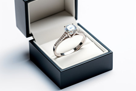 Wedding ring with large cut diamonds in dark grey box on white background. Engagement ring in white gold or platinum with diamonds. Jewelry. For presentation, poster, banner, brochure of jewelry store.の素材