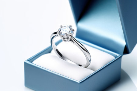 Wedding ring with large cut diamonds in blue box on white background. Engagement ring in white gold or platinum with diamonds. Jewelry. For presentation, poster, banner, brochure of jewelry storeの素材