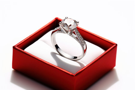Wedding ring with large cut diamonds in red box on white background. Engagement ring in white gold or platinum with diamonds. Jewelry. For presentation, poster, banner, brochure of jewelry store.の素材
