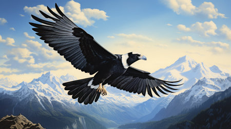 Graceful magpie in flight against mountainous horizon. Beauty of wild landscapes and majesty of birds. Ornithology, birdwatching. For cover design, stationery, journal, presentation, banner, posterの素材