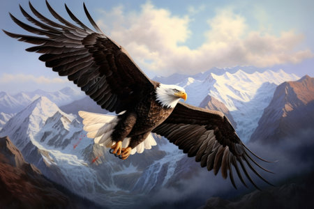 Majestic eagle soars above mountains, symbolizing freedom and strength. Power and grace. Ornithology, birdwatching, research. Cover, stationery, journal, presentation banner posterの素材