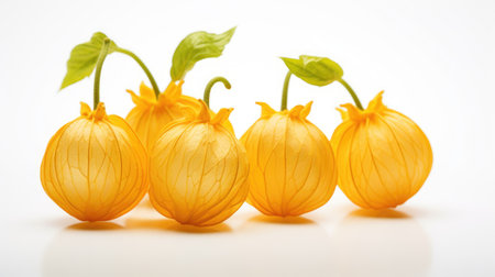 Yellow delicate Physalis flowers on white background. Macro, close up. Beautiful background. Physalis lanterns. Healthy vegan superfood. Vegetable rich in vitamins. Flower, gardening, food blog. Cardの素材