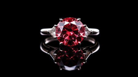 Exquisite engagement ring with a large red cushion-cut diamond or ruby. White gold or platinum. On black background with reflection. Luxurious brilliant diamond jewelry. Brochure for a jewelry store.の素材